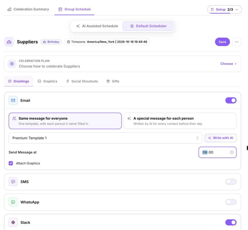 The Default Scheduler with Email switched on, a template chosen and a 9 send time