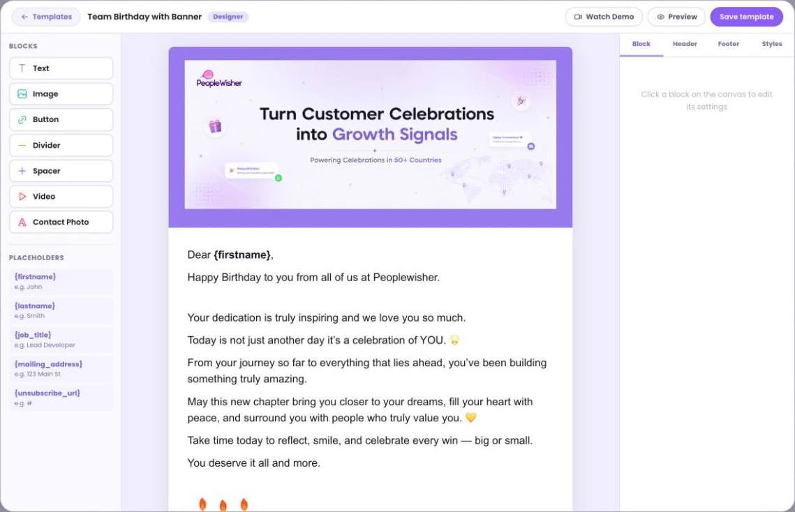 The email Designer with Blocks and Placeholders on the left and the email in the middle