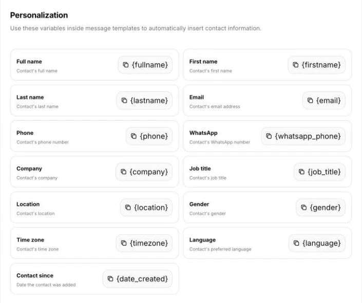 Settings → Personalization listing placeholders such as {fullname}, {firstname} and {job_title}