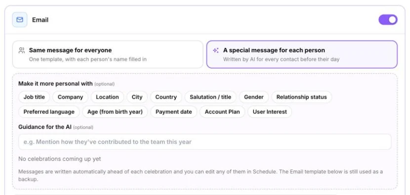 An Email card with “A special message for each person” selected, personal details and guidance for the AI