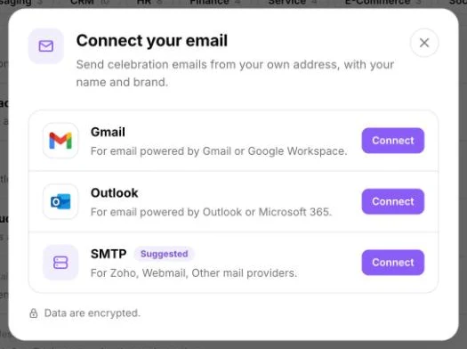 The Connect your email window with Gmail, Outlook and SMTP