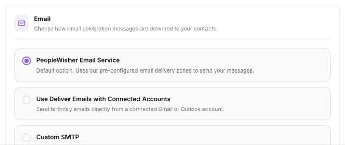 Settings → Deliverability → Email with PeopleWisher Email Service, connected accounts and Custom SMTP