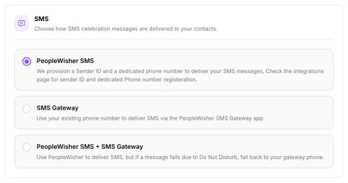 Settings → Deliverability → SMS with PeopleWisher SMS, SMS Gateway and the combined option