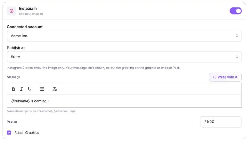 An Instagram shoutout set to publish as a Story, with the image-only note