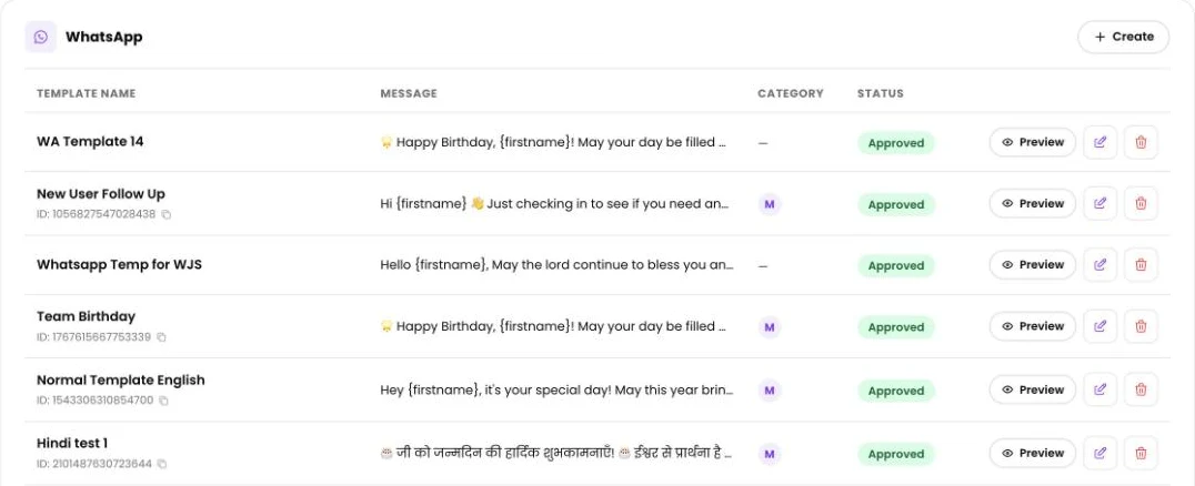 WhatsApp templates on the Templates page with their Meta approval status