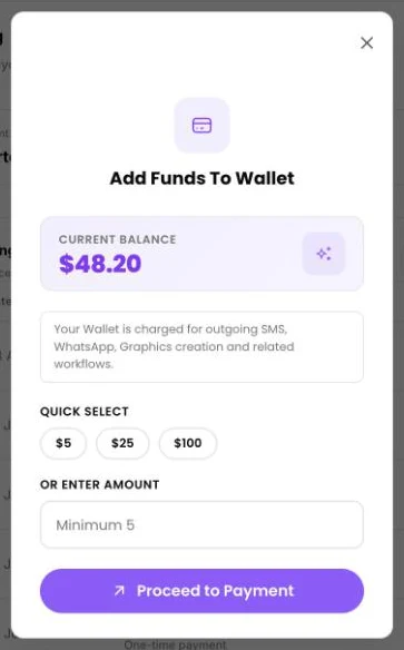 The Add Funds To Wallet window with quick-select amounts
