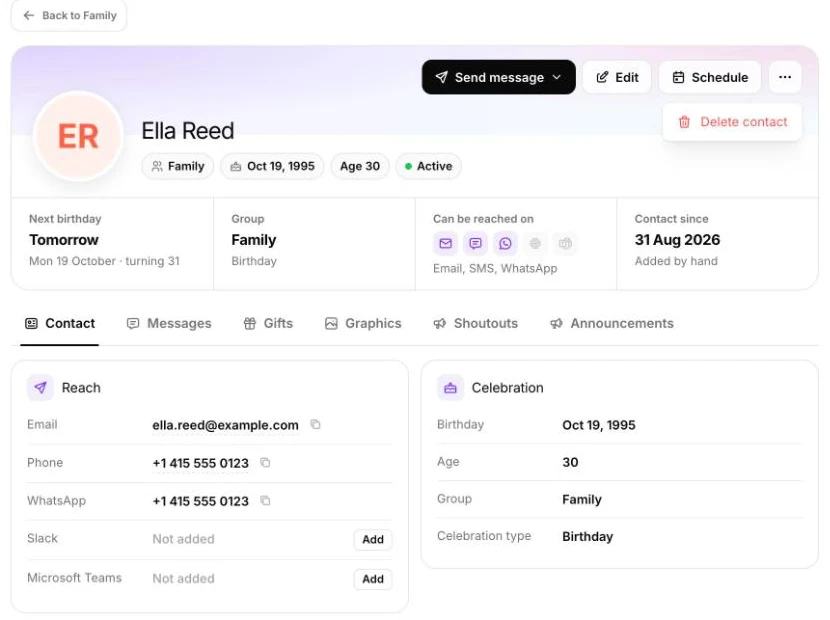 A contact’s page with the More actions menu open, showing Delete contact