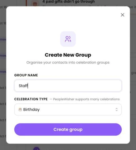 The Create New Group window with the group name Staff and Birthday selected