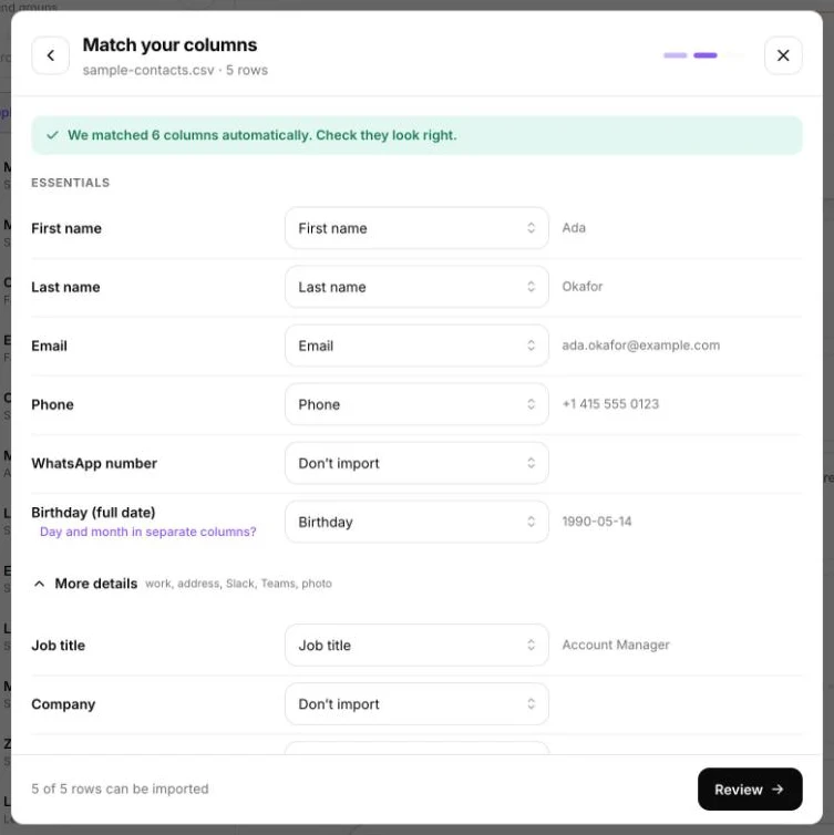 The Match your columns step with first name, email, phone and birthday matched automatically