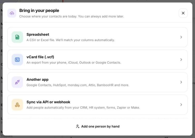 The Bring in your people window: Spreadsheet, vCard file, Another app, or Sync via API or webhook