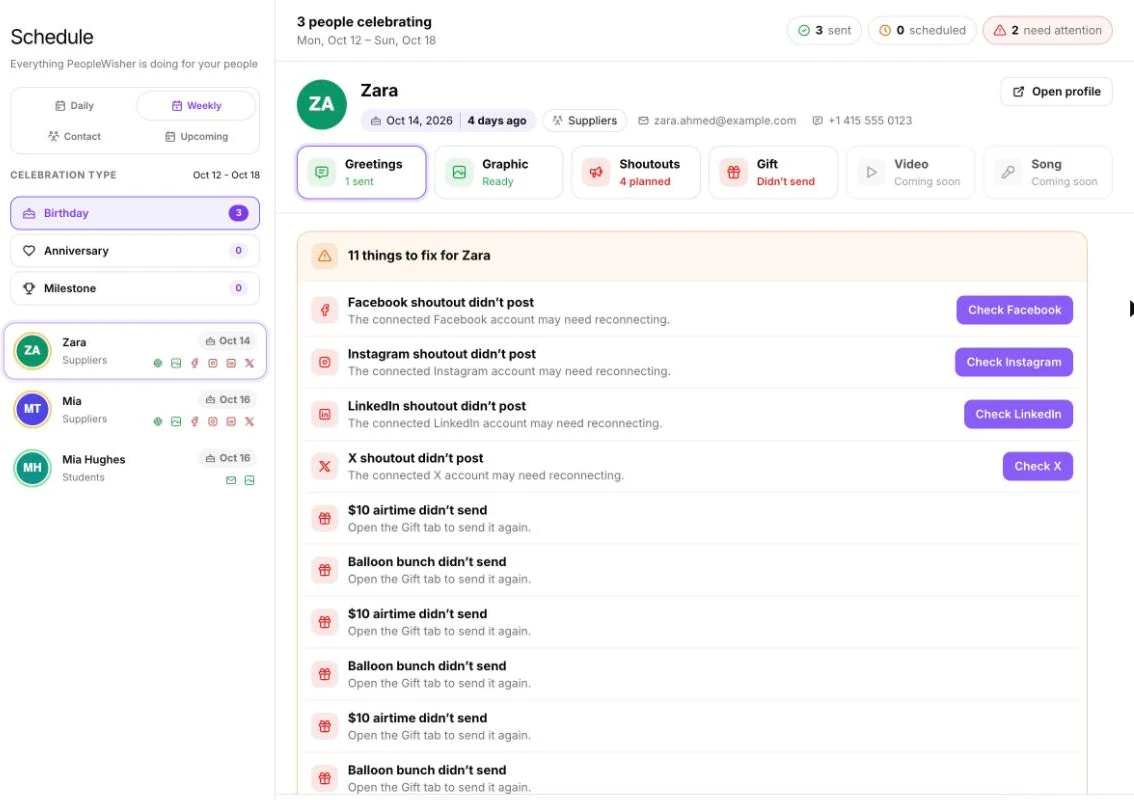 The Schedule page listing things to fix for a person, such as shoutouts that didn’t post