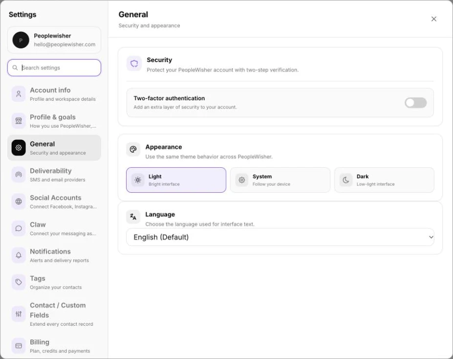 Settings → General with the Two-factor authentication switch