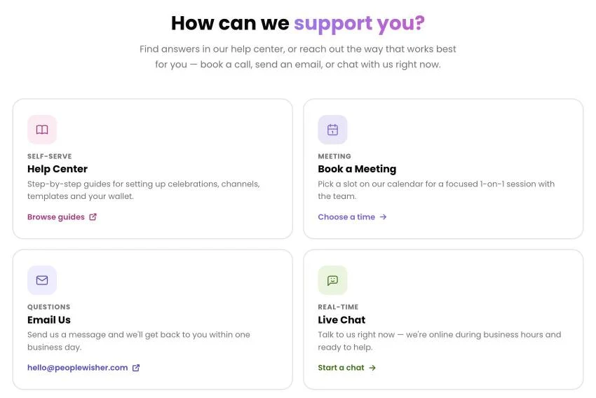The Support page with Help Center, Book a Meeting, Email Us and Live Chat